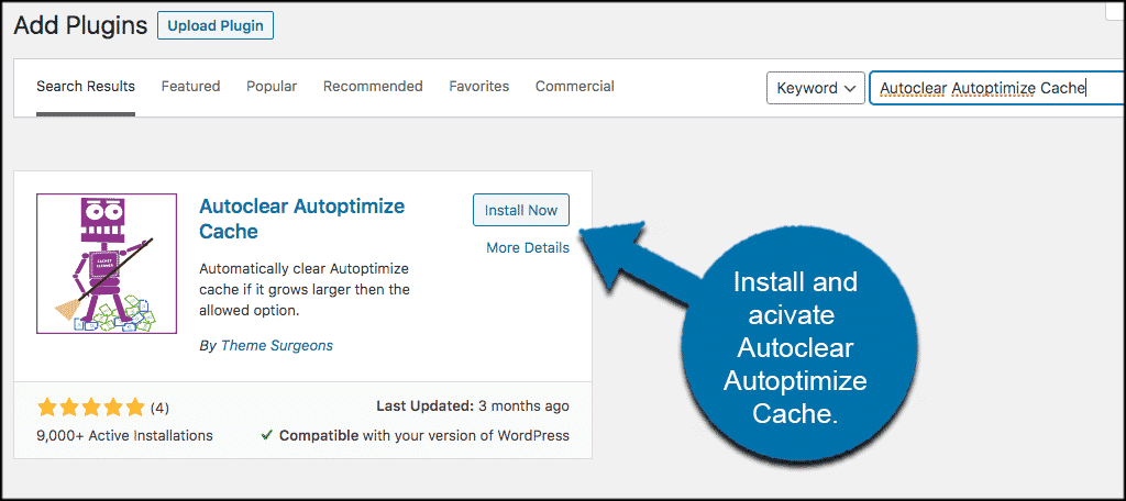 Install and activate the autoclear autoptimize cache plugin