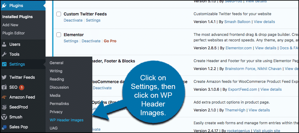 Click settings to access wp header image 