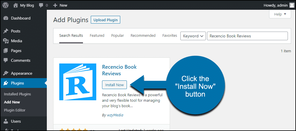 click to install the WordPress Recencio Book Reviews plugin