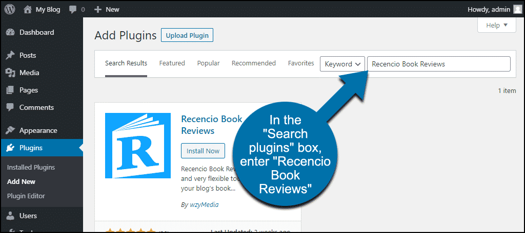 search for the WordPress Recencio Book Reviews plugin