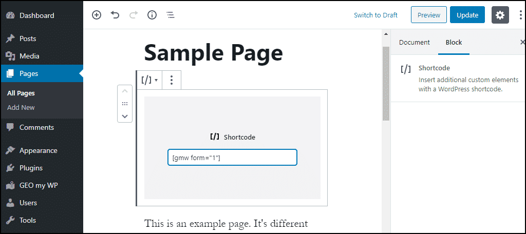 adding the shortcode to a page