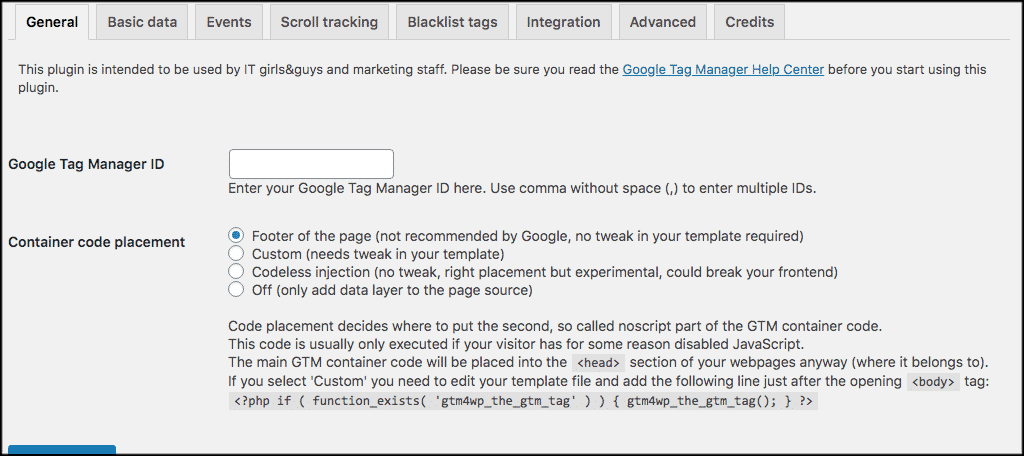 General tab to track categories