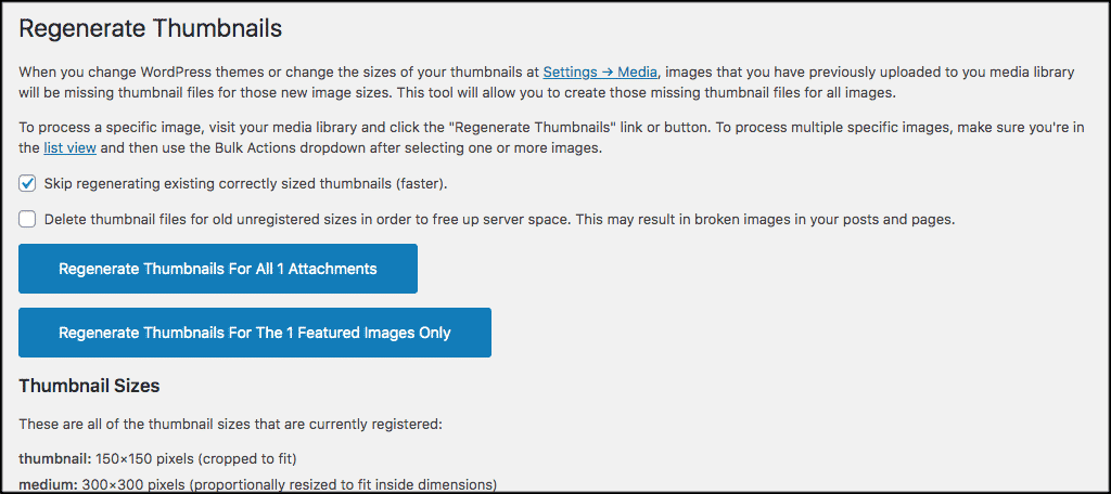 Regenerate image sizes settings