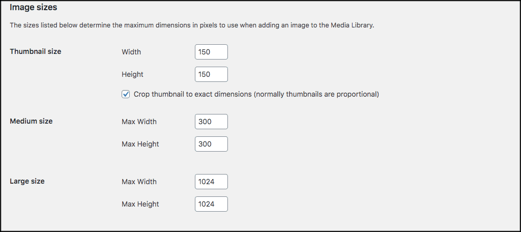 Default wordpress image sizes