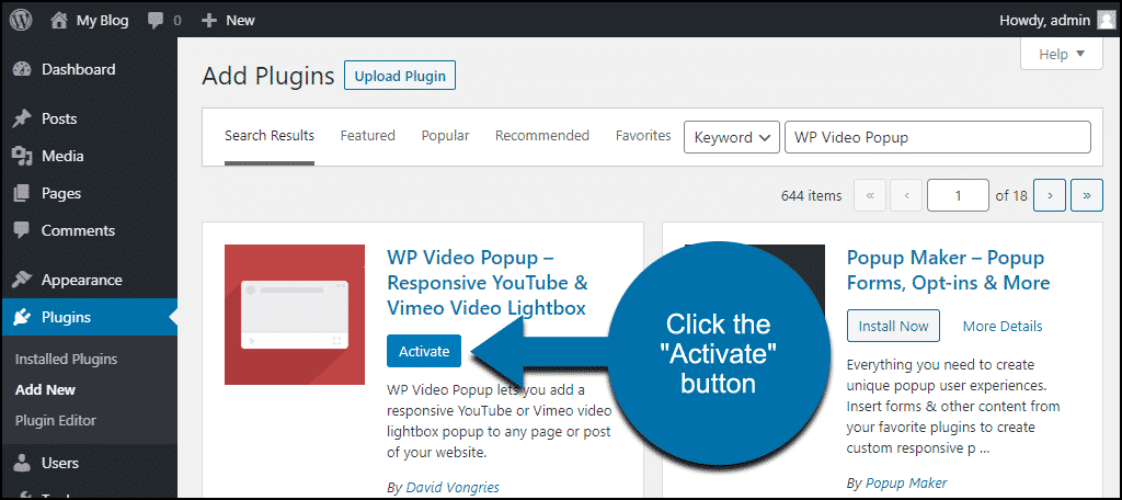 haga clic para activar el complemento de WordPress WP Video Popup