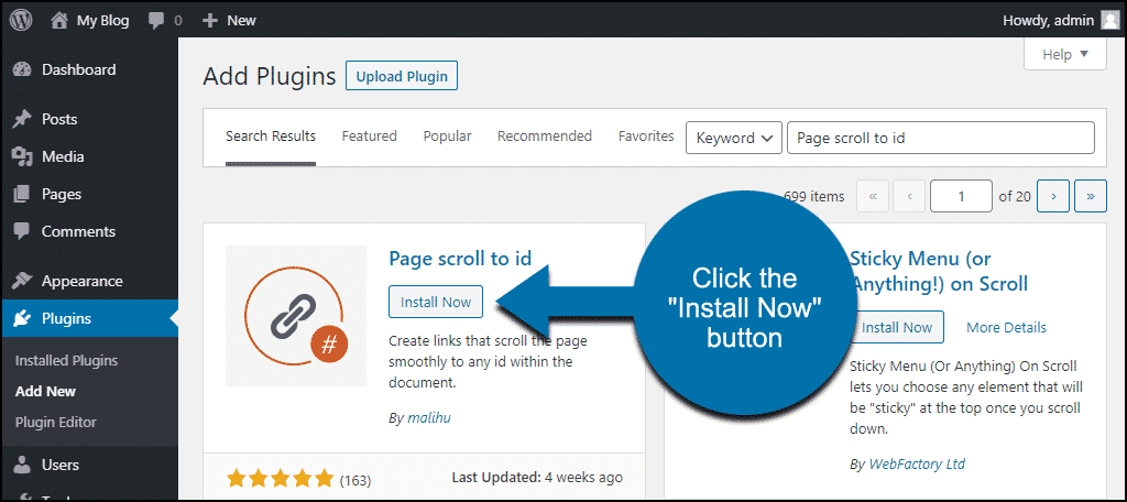 haga clic para instalar la página de WordPress desplácese hasta el complemento de identificación