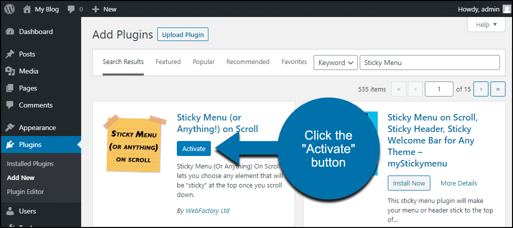 click to activate the WordPress Sticky Menu plugin