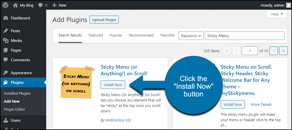click to install the WordPress Sticky Menu plugin