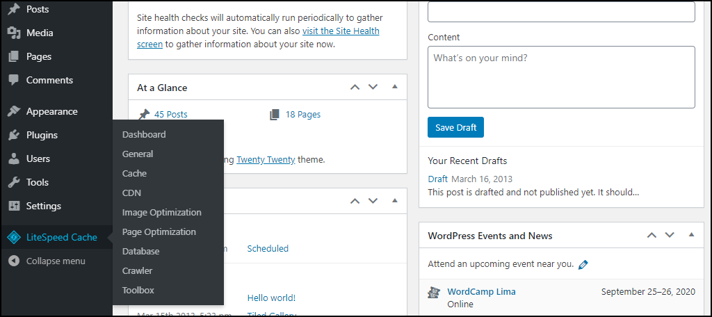 WordPress LiteSpeed Cache plugin options