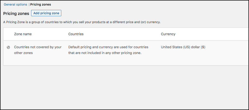 Pricing zone tab