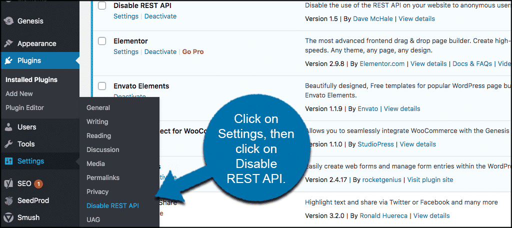 Click settings then disable rest api