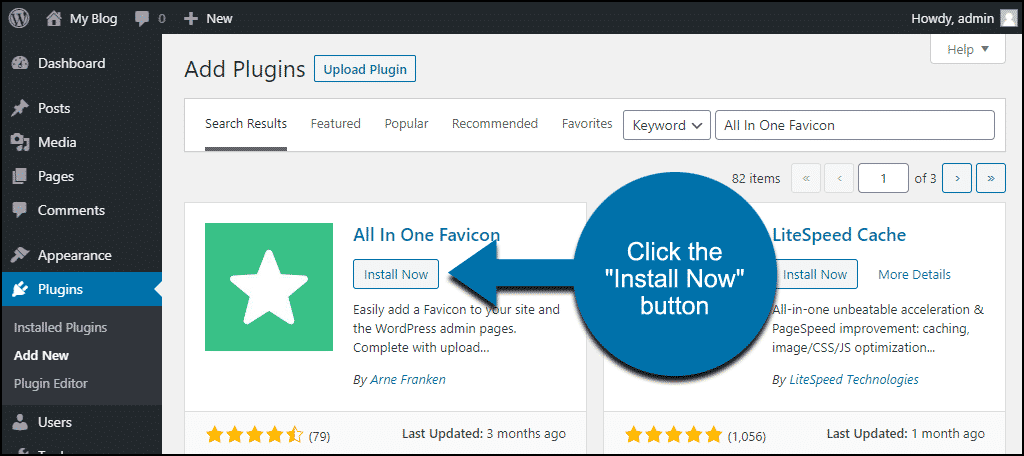 click to install the WordPress All In One Favicon plugin