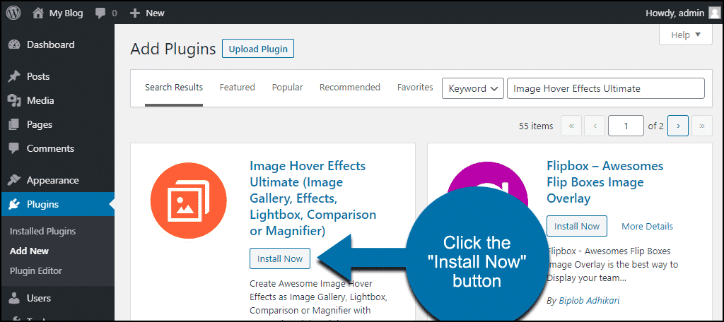 click to install the WordPress Image Hover Effects Ultimate plugin