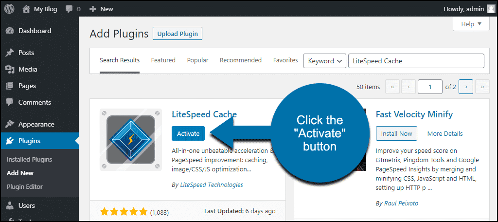 click to activate the WordPress LiteSpeed Cache plugin