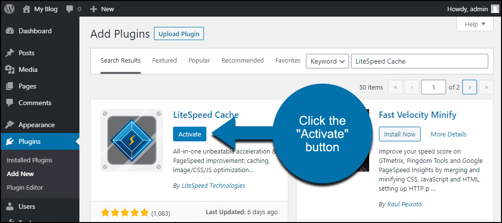 нажмите, чтобы активировать плагин WordPress LiteSpeed ​​Cache