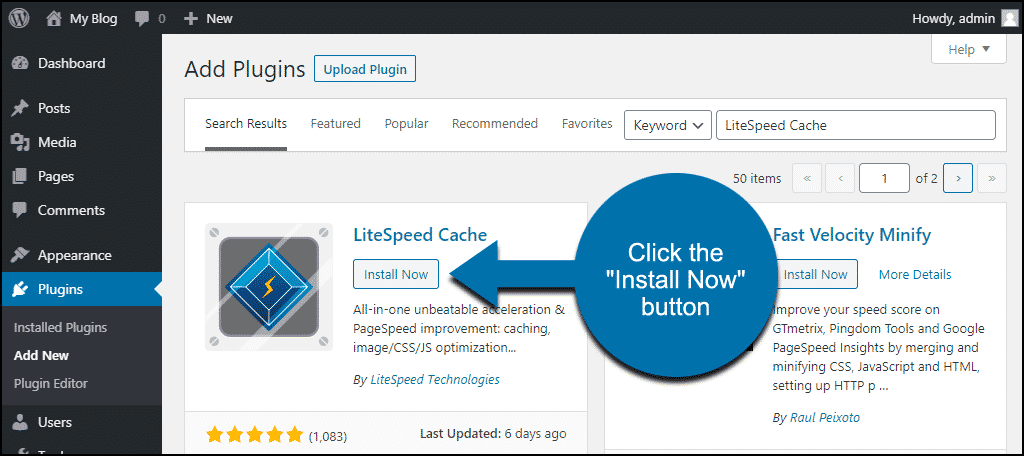 click to install the WordPress LiteSpeed Cache plugin