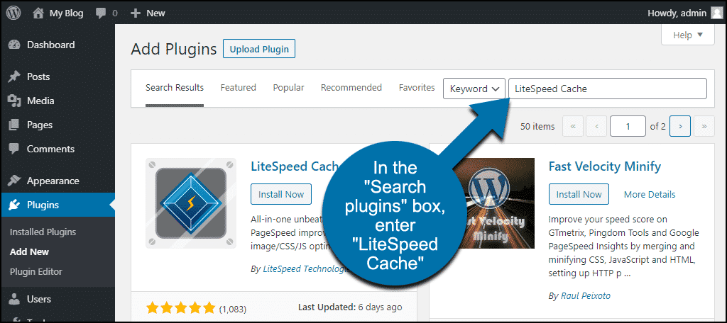 search for the WordPress LiteSpeed Cache plugin