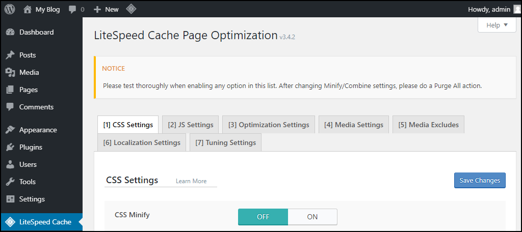 LiteSpeed page optimization settings