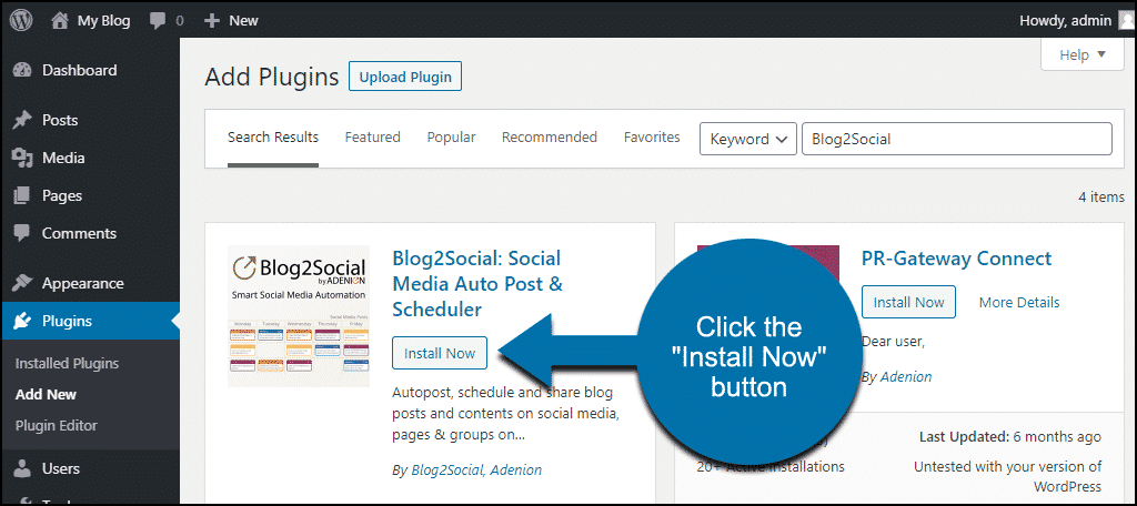 click to install the WordPress Blog2Social plugin