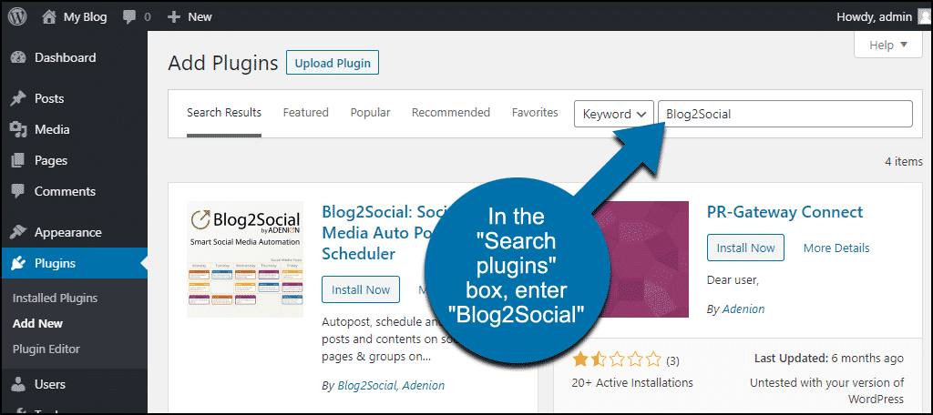 search for the WordPress Blog2Social plugin