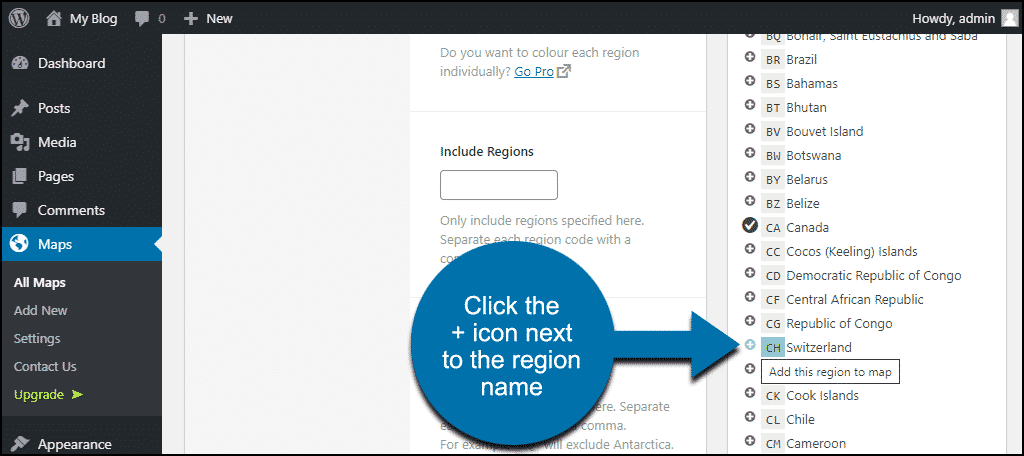 click + to add a region
