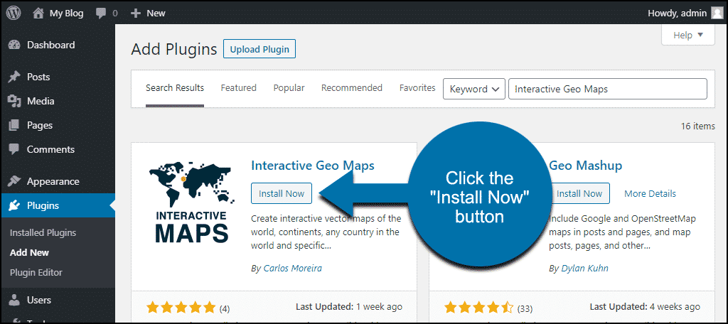 click to install the WordPress Interactive Geo Maps plugin