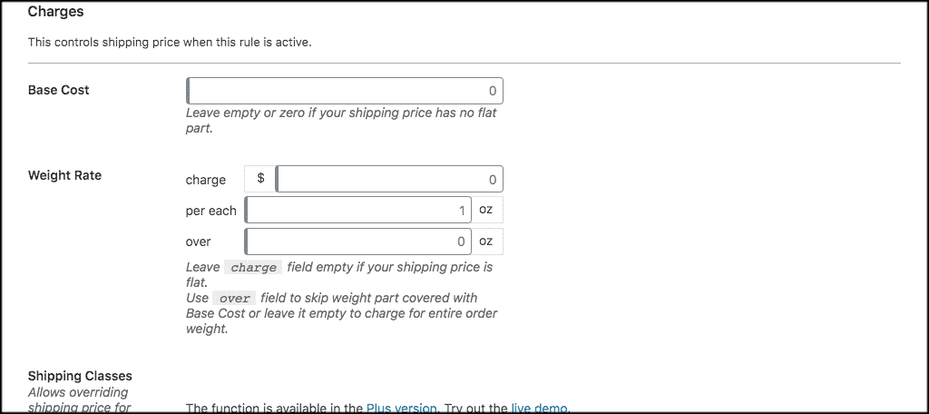 Weight based shipping charge settings