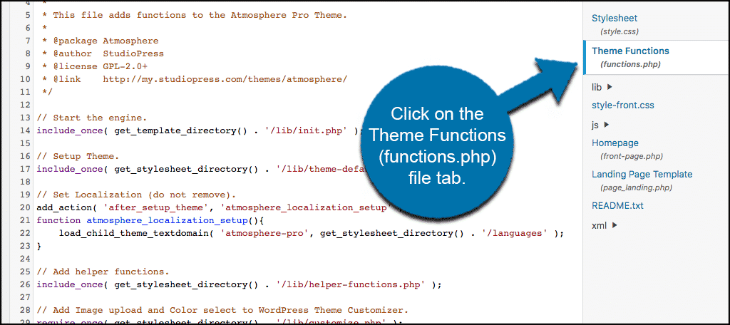 Click on the theme funstions functions.php tab