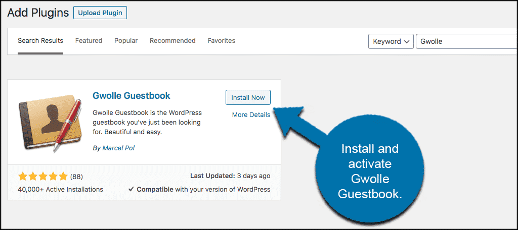 INstall and activate gwolle guestbook plugin