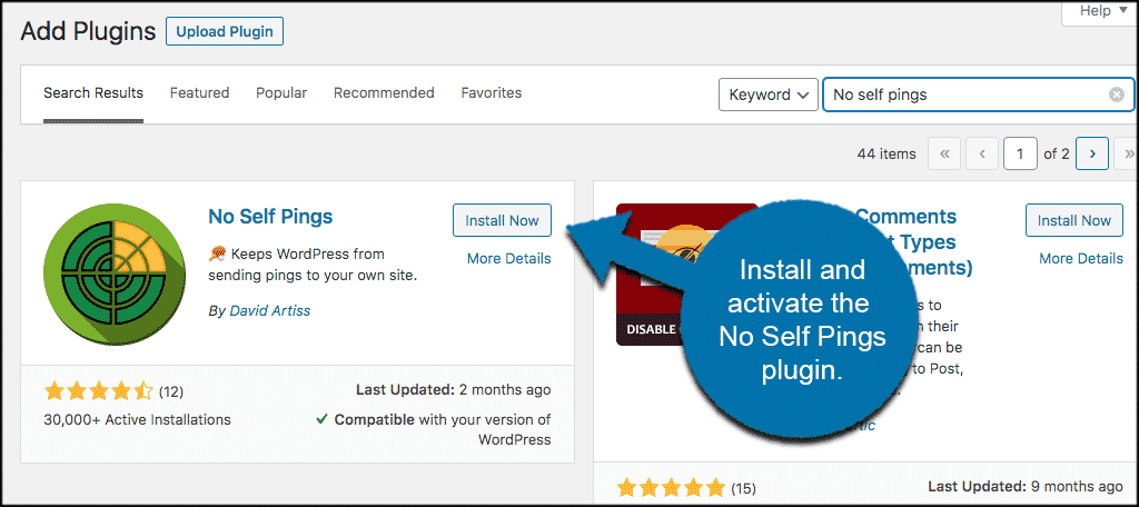 Install and activate no self ping in wordpress plugin