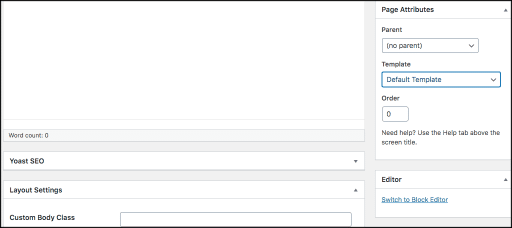 Page attributes and template dropdown menu