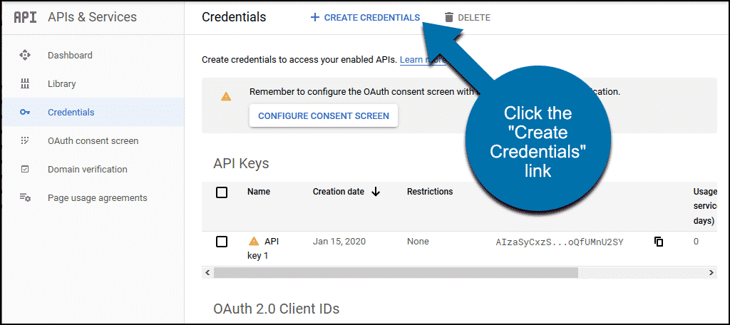 click the "Create Credentials" link