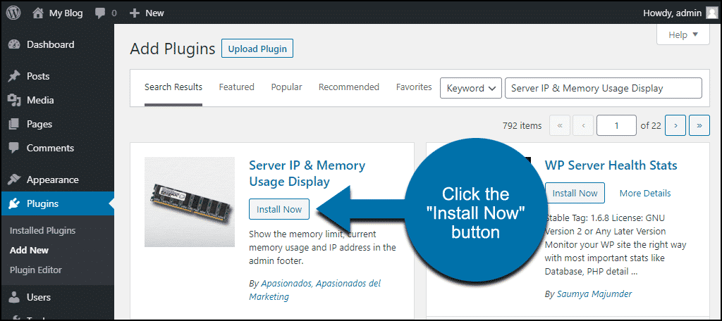 click to install the WordPress Server IP & Memory Usage Display plugin