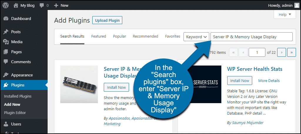 search for the WordPress Server IP & Memory Usage Display plugin