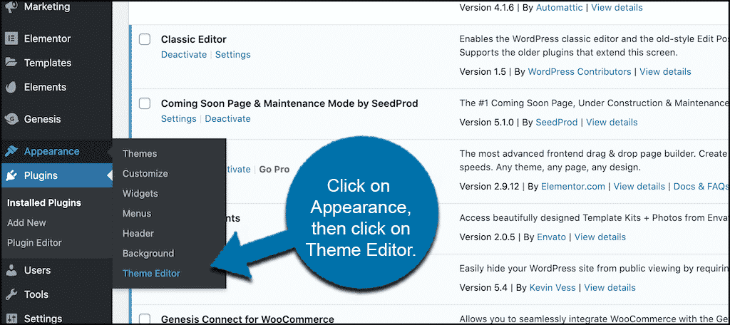 Click on appearance then on theme editor