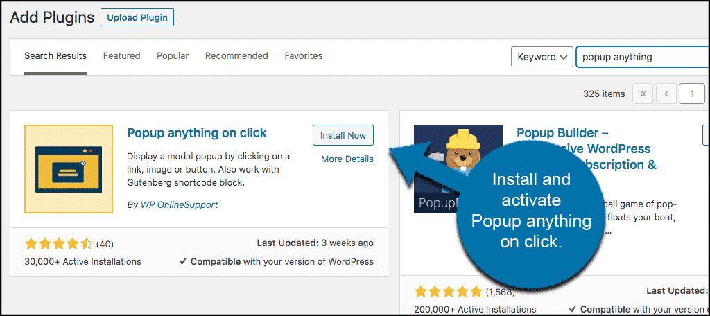 Instal and activate popup on click plugin