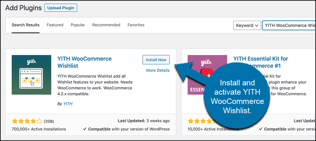 INstall and activate woocommerce wishlist plugin