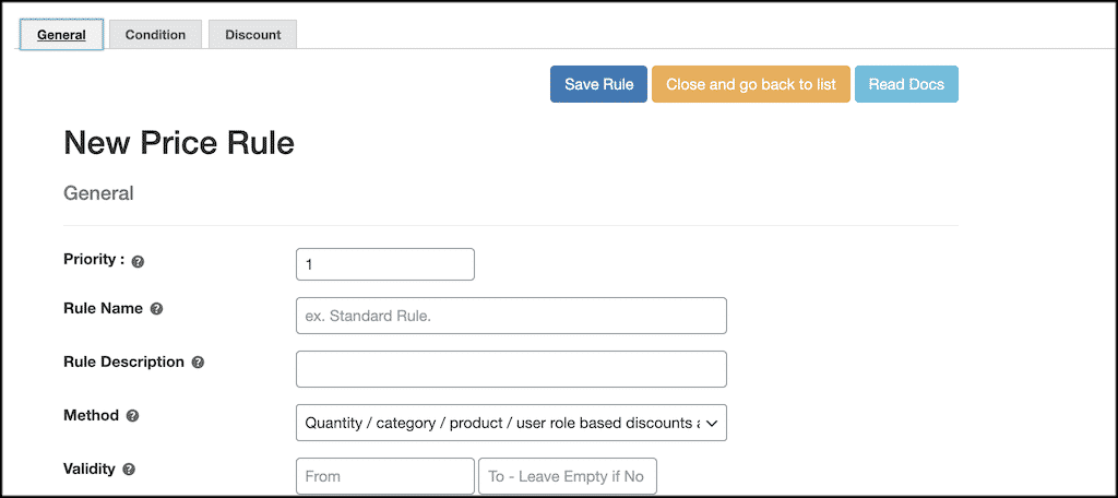 New Price Rule tab