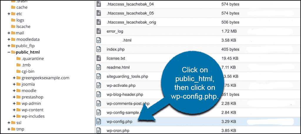 Haga clic en la carpeta pblic html y luego en el archivo de configuración wp