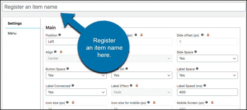 Registre el nombre del elemento para los botones laterales adhesivos