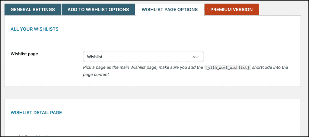 Wishlist page options tab