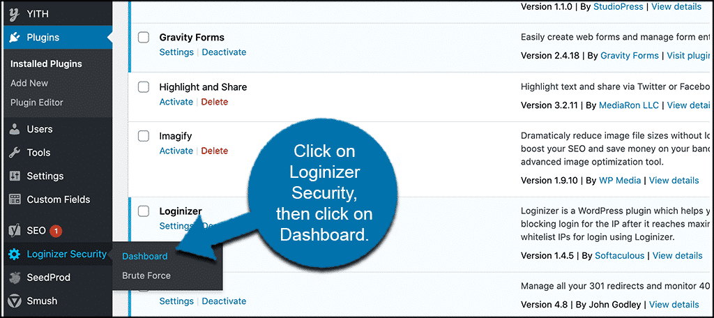 Click loginizer security then click dashboard