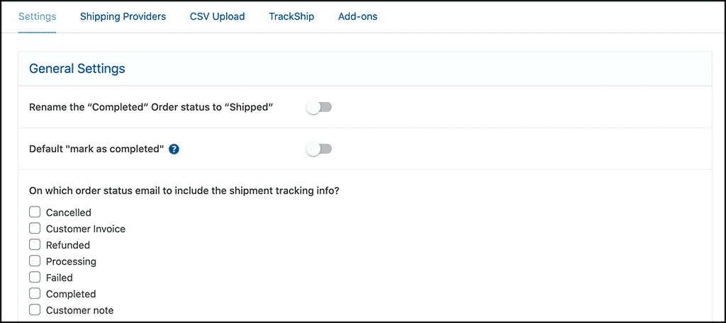 General settings tab for woocommerce shipment tracking