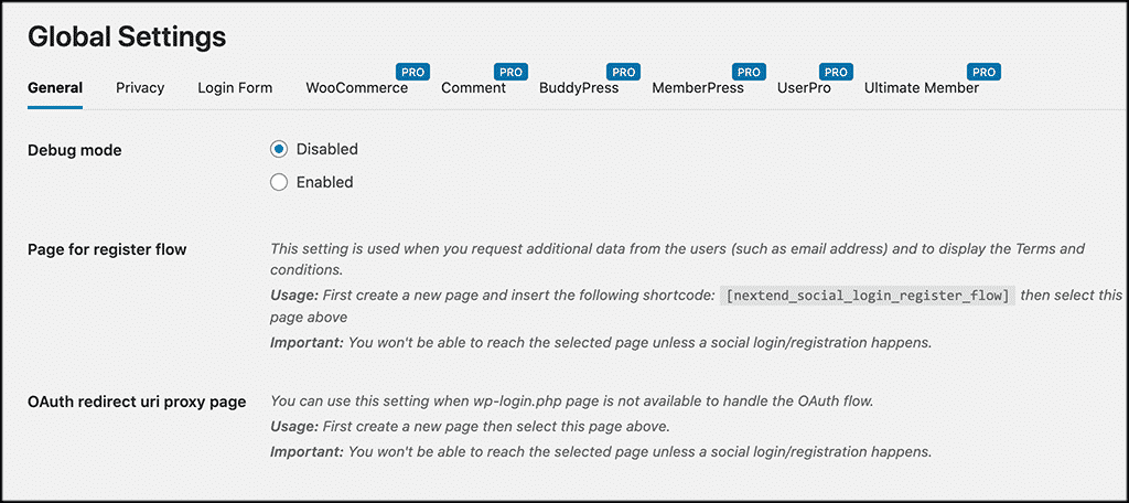 Configuración global general