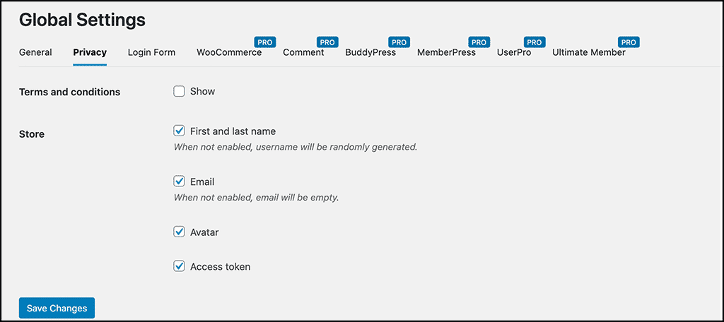 Configuración de privacidad global para nextend