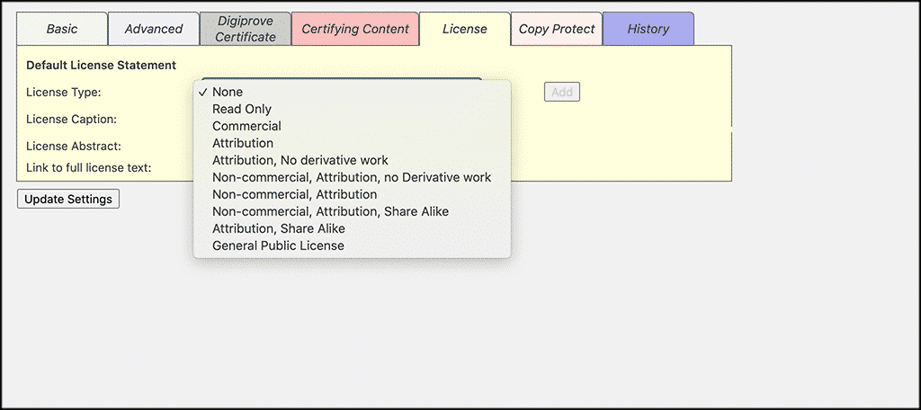 Choose license for copyright blog plugin