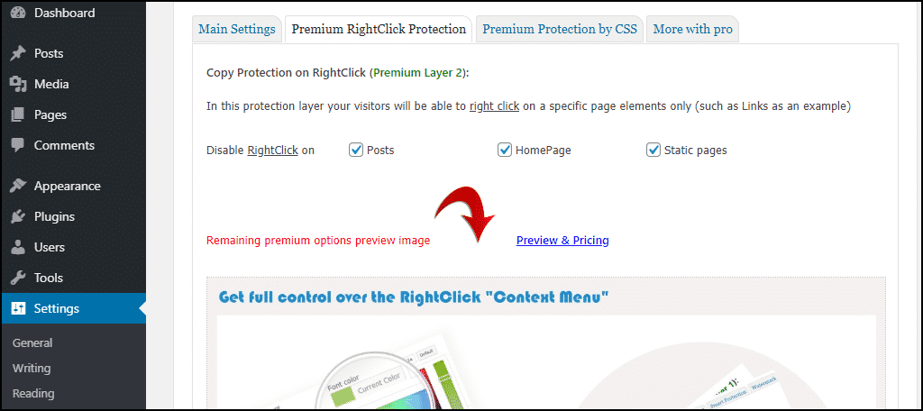 premium rightclick protection tab