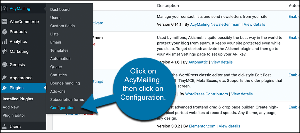 Click AcyMailing then configuration