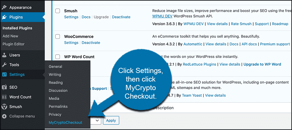 Click setings then MyCryptoCheckout