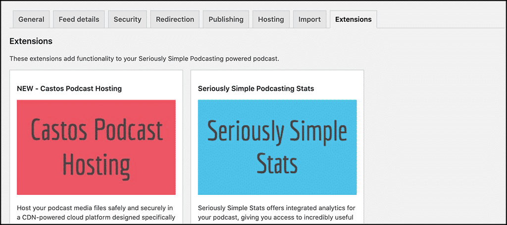Seriously simple podcasting extensions tab